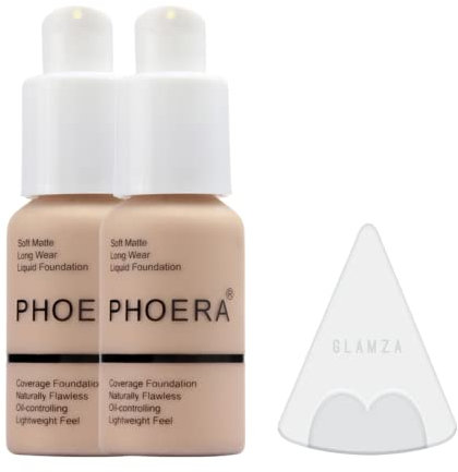 Glamza Phoera Foundation Full Coverage Makeup Set - 24hr Long Lasting Oil Control - Soft Smooth Matte Flawless Concealer Cream - Inc x2 30ml Foundation & Silicone Blender Sponge (102 Nude)