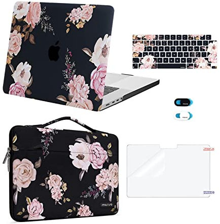 MOSISO Funda Compatible con MacBook Pro 16 Pulgadas 2023-2021 A2780 M2 A2485 M1, Peonía Plástico Carcasa Rígida&Maletin Portatil&Pantalla Protector&Teclado Cubierta&Webcam Cubierta,Negro