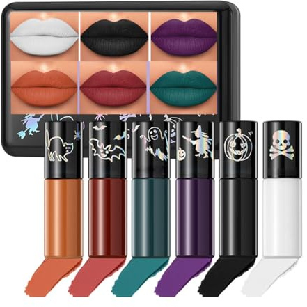 GL-Turelifes 6Pcs Matte Lip Gloss Rot Weiß Orange Grün Schwarz Lila Vampir-Lippenstift Antihaft-Becher, nicht verblassender flüssiger Lippenstift, langlebig für Halloween-Cosplay (Set 01)