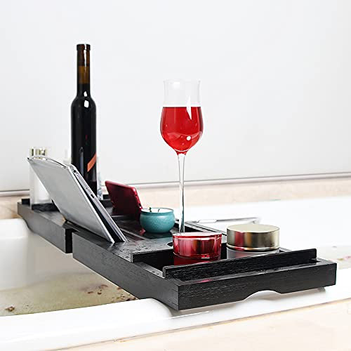 Plateau Extensible pour Salle de Bain, Plateau de Baignoire en Bambou Naturel, Support pour Serviette de Bain, Verre à vin, étagère de Lecture, Support pour Tablette, 70-105cm