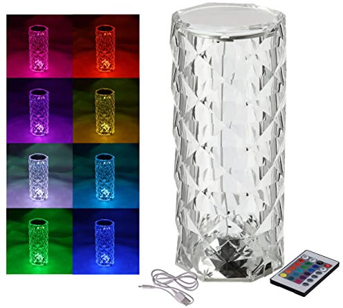 LED Akku Touch Leuchte aus Acryl Kristall mit Fernbedienung - 21 x 9 cm - Tischleuchte im Diamond-Design mit Farbwechsel und Dimm Funktion - Multicolor Nachtlicht Lampe bunt Crystal Diamant Rose