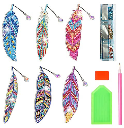 Roselee 6 Stück Diamond Painting Lesezeichen 5D DIY Diamant Malerei Lesezeichen mit Kristall Anhänger, Bookmark Feder Diamond Painting Kinder Set für Seiten Markierungen
