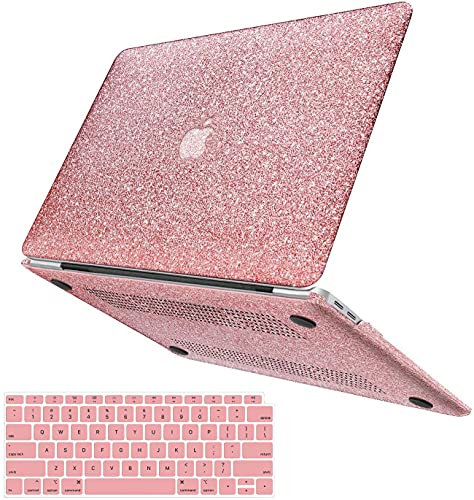 iPAPA Compatible with MacBook Air 13 inch Case 2021 2020 2019 2018 M1 A2337 A2179 A1932 Touch ID, Glitter Smooth Leather Hard Shell Case for MacBook Air 13.3 inch + Keyboard Cover, Shining Rose Gold