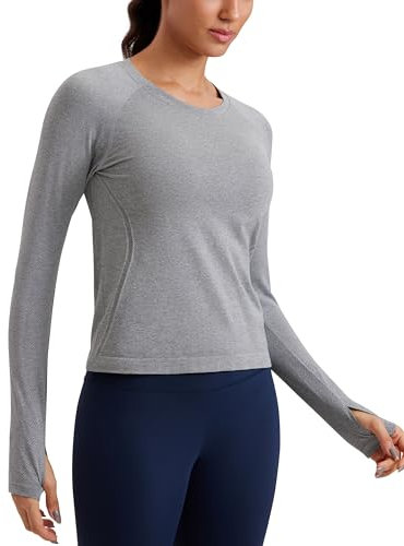 CRZ YOGA Damen Nahtlos Sport Langarmshirt mit Daumenloch Ribbed Laufshirt Gym Oberteil Tops Fitness Langarm Tshirt Schiefergrauer Mergel 40