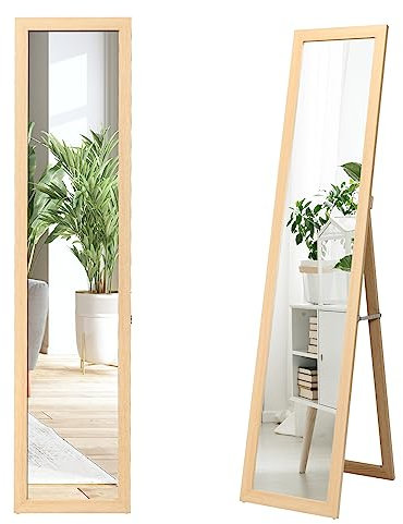 HOMASIS 2 in 1 Standspiegel & Wandspiegel, Bodenspiegel für Ankleiden, Ganzkörperspiegel mit Holzrahmen, Garderobenspiegel für Wohnzimmer & Schlafzimmer, 37x50x148cm (Natur)