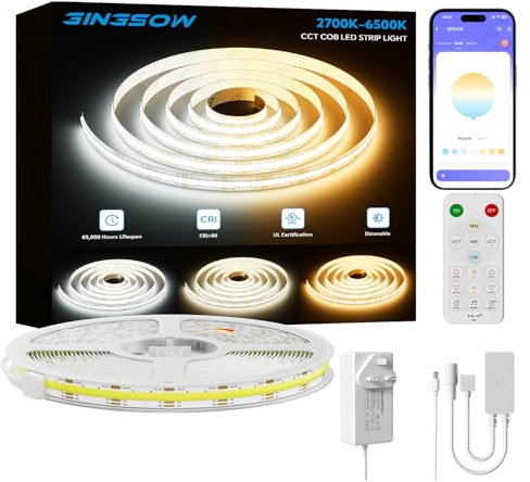 Gingsow COB LED Strip White CCT Tunable 10m Kit, 6400LEDs CRI93 Dimmable 2700K-6500K 24V LED Tape Lights Kit with APP Control/Music Mode for Under Cabinet Bedroom Kitchen TV Mirror DIY Lighting