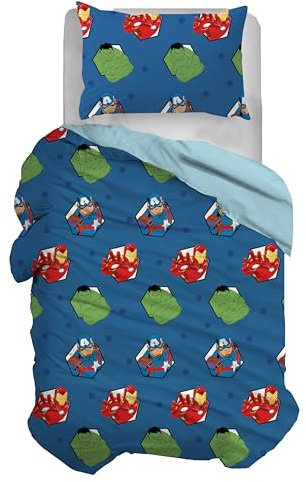 Avengers, Set Copripiumino Singolo Cotone, Blu, Sacco 155x200, Federa 50x80, Marvel, 100% Cotone, Prodotto Ufficiale