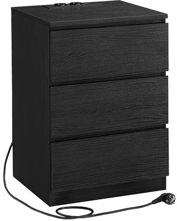 VASAGLE Kailyn Collection - Table de Chevet avec Multiprise, Table d’Appoint avec 3 Tiroirs, 2 Prises CA, 2 Ports USB, pour Salon, Chambre, Bureau, Moderne, Noir Boisé LET631B56