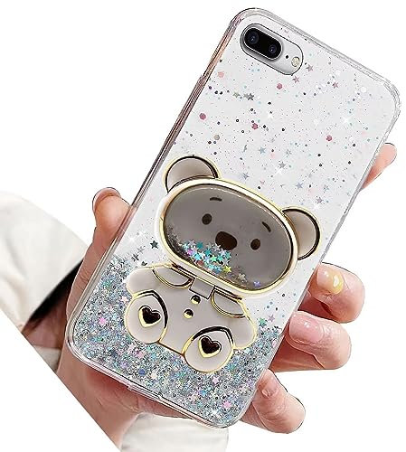Rnrieyta Miagon Bear Astronaut Glitter Stand Case for iPhone 8 Plus/7 Plus,Bling Transparent Soft Quicksand Protective Slim Shockproof Cover with Mirror Holder Kickstand,Transparent