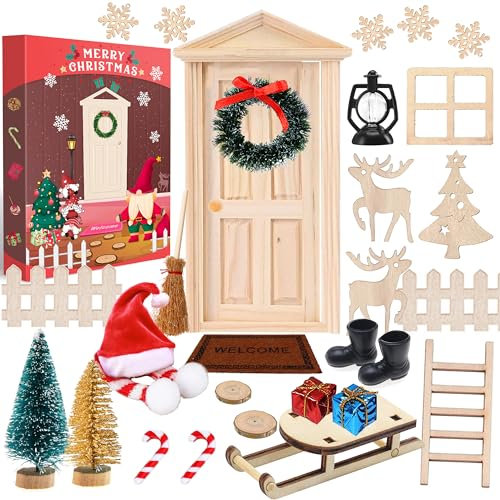 ZJTAPE Wichteltür Zubehör Weihnachten Set - 29Pcs Wichtelhaus Weihnachtsdeko, Miniatur Wichtel mit Zubehör und Weihnachtsgeschenkbox, Weihnachtsbaum mini Garten Mobel Ornamente, Weihnachten Geschenk