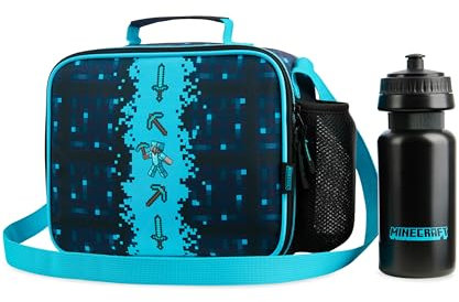 Minecraft Bolsa Termica Porta Alimentos para Niños o Creeper Bolsa Almuerzo Infantil con Botella de Agua para Escuela Viajes Regalo Gamer (Azul/Negro)
