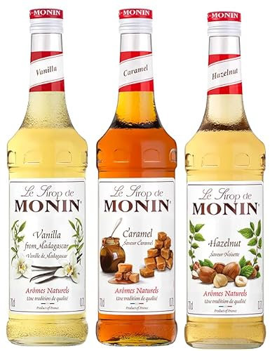 MONIN - Assortiment Sirop de Vanille de Madagascar, Caramel, Noisette - Pour Café, Chocolat Chaud, Capuccino ou Latte - Arômes Naturels - Bouteille en Verre - 3 x 70 cl