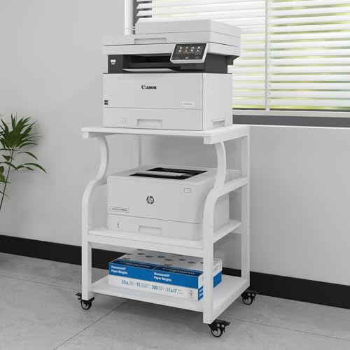 PUNCIA 3-Tier Movable Printer Stand Table with Storage for Home Office | Large Rolling Cart on Wheels with Adjustable Shelf Organization Trolley for Heat Press 3D Printer Copier Machine White