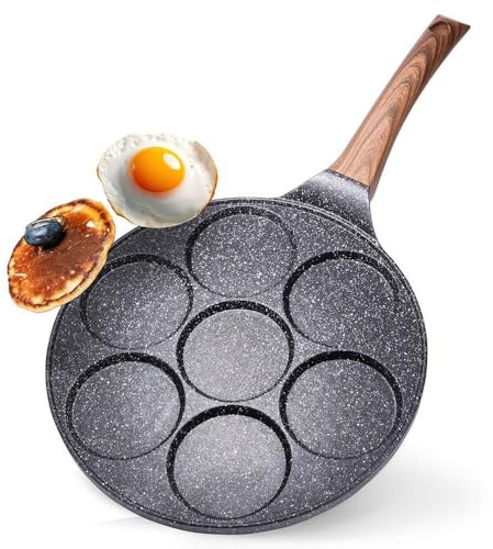 Vilde Spiegeleipfanne 26 cm - Black&Wood Serie - 7 Mulden Ø 8 cm - Antihaft-Granitbeschichtung - Induktion geeignet - Ergonomischer Holzoptik-Griff - Ideal für Spiegeleier/Pancakes/Minipfannkuchen