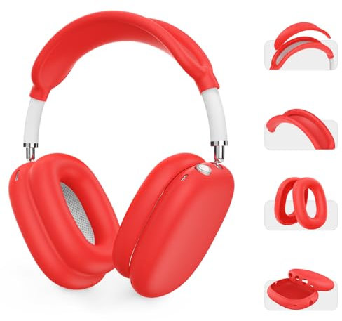 AHASTYLE Silikon Hülle für AirPods Max Case und Zubehör für AppleKopfhörer Max [4-in-1] [Passt in den Ladekoffer] Weiches Silikon AirPods Max Hülle Kompatibel mit Airpods Max 2024/2020 (Rot)