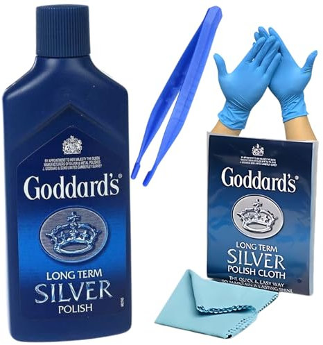 Goddards Long Term Silver Polish and Cloth – Cleans, Polishes and Protects Silver and Silver Plate – Removes Heavy Stains & Tarnish – Includes Tweezers & Gloves