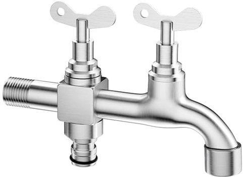 LMXRYPD Robinet Exterieur Jardin avec Serrure et Clé, Robinet Exterieur avec Double Bec, Acier Inoxydable, avec Buse Anti-Eclaboussures et Buse de Lavage de Voiture(4cm/1.6in)