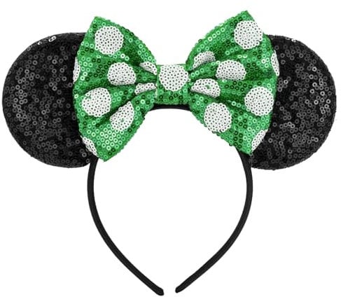 Mouse Ears Headband With Shiny Sequin Bow - Stitch Ears Glitter Sparkly Cosplay Party Accessory for Kids, Girls, Women - Birthday, Halloween Decoration Gifts - Y4LPLSFG (Green)