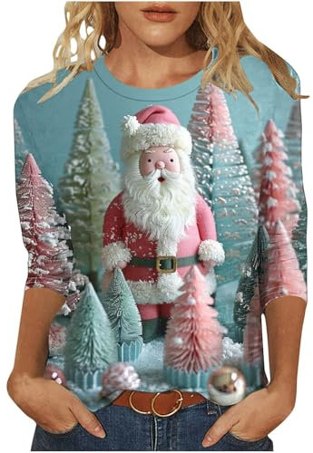 Christmas Tops for Women Light Up Christmas Tree Printed Tops Sparkly Wine Glass Xmas Shirts Crewneck Blouse Casual Pullover 3/4 Sleeve Tunic Tees for Work Officce Size 8-22