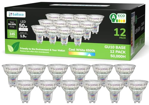 sailsco Energieklasse A GU10 LED Kaltweiss Lampe,1.9W 345LM 6500K Kaltweiß GU 10 Spot Energiesparlampe,50W Glühbirne Ersetzt,36° Abstrahlwinkel G10 Leuchtmittel,Nicht Dimmbar,Glas,12 Stück