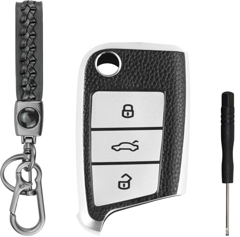 Coque Clé de Voiture Compatible avec VW Golf 7 VW Polo MK7 Tiguan Seat Leon Skoda Octavia Fabia Télécommande Housse Coque de Protection Protège Clef de Voiture avec Porte Clés - Noir + Argent