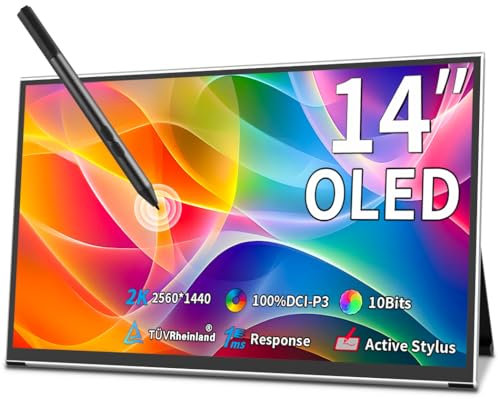 Magedok Monitor Portatile Touchscreen 14 2K OLED Schermo Portatile,2560 x 1440 1Ms DCI - P3,10 Bit,ESA Penna supporto,Protezione Degli Occhi Sottile con USB Tipo C Mini Monitor per PC, Laptop
