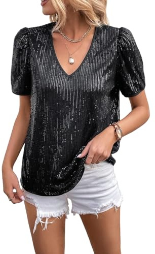 MINTLIMIT Damen Pailletten Oberteil Kurzarm Glitzer Shirt V-Ausschnitt Bluse Party Cocktail Oberteile