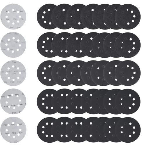 125mm Disque Poncage Grain 60/80/120/180/240, 40pcs 5 inch Papier Poncer Disques Abrasif pour Ponceuse Excentrique Papier de Verre(8 trous)