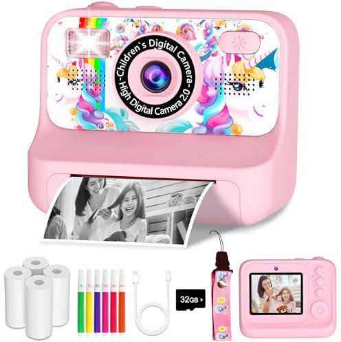Appareil Photo Enfants, Impression Instantanée, Appareil Photo Numérique à Double Objectif Avant et Arrière pour Selfies, Prise de Vidéos en 1080p, Jouet Portable pour Voyages avec Jeux et Musique