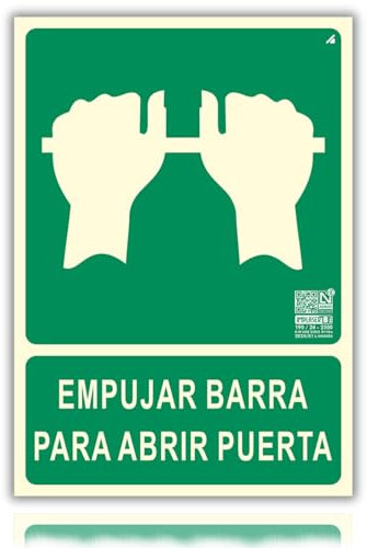 LEIASA | Señal Empujar Barra Homologada - 32x16 cm - Clase B D≤10m - PVC Luminiscente - Señal Certificada en Sostenibilidad - Cartel Empujar Barra Abrir Puerta