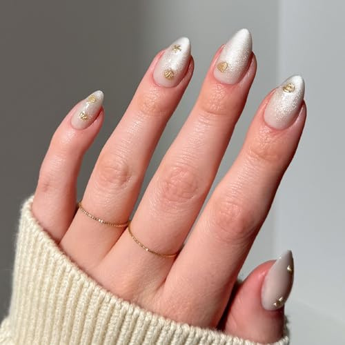 Glamnetic Press On Nails - Short Almond, Velvet Fake Nails 30 Pc Full Kit | Summer-ready press on nails in 15 sizes. Gold shell-motif glue-on set. Water-resistant, chip-resistant, up to 2 weeks wear