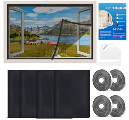 Mosquiteras para Ventanas 4 Set, Mosquitera Ventana130x150cm, Mosquitera Autoadhesiva, Mosquiteras sin taladrar ni atornillar, Para todas las ventanas, tragaluces