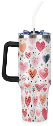 Pink Orange Heart 40oz Tumbler with Handle and Straw, Leakproof Insulated Water Bottle Stainless Steel Vacuum Travel Mug Reusable Cup for Cold and Hot Drinks Gift for Him & Her