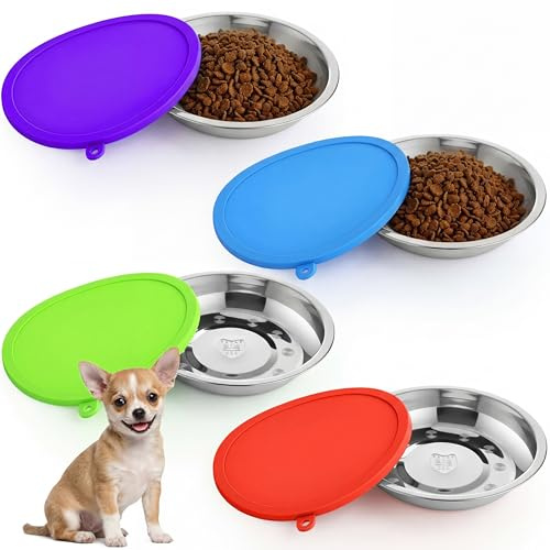 Patelai 8 Pcs Dog Bowl with Lid, Red, Blue, Green, Purple | 1.9 Cups Stainless Steel Food Dishes, Silicone Sealable Covers, 6.3 Diameter Holds, Portable for Cats and Small Pets