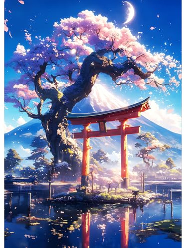 QQYRHN 5D Torii-Tor Diamond Painting Kit für Erwachsene Anfänger Berg Fuji Vulkan Diamant Kunst Kits Vollständiges DIY Kirschblüte Diamantstickerei-Set Perfekt zur Entspannung und Dekor 30x40 cm