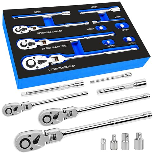 DikTalk 10-Piece Flex Head Ratchet Set, 1/4 3/8 1/2 Inch Drive, Swivel Head Ratchet Wrench with Extension Bars & 4 Adapters, 72-Tooth Quick-Release, EVA Storage Case for Auto & DIY Repairs