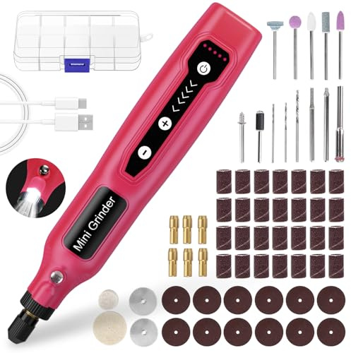 Cordless Mini Rotary Tool Set - 64Pcs Accessories 5 Speed 5000-18000rpm Multi-Purpose Mini Electric Grinder Kit 3.7V USB Rechargeable with Light for Engraving Grinding Polishing Cutting DIY Pink