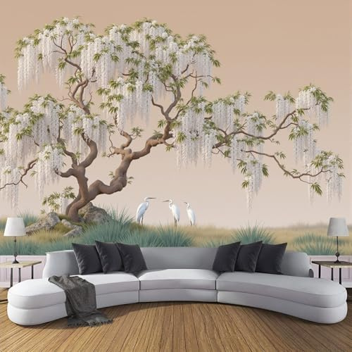 Papier Peint Panoramique Peinture à l'encre orientale arbre à fleurs blanches 350x256cm Soie Fresque Murale - Décoration Murale Moderne – Pour Salon Chambre D'Enfants Restaurant Murales Beige