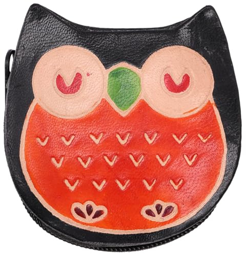 Kleiner Geldbeutel aus Leder, Eule Börse, handlich und kompakt, schwarz | 100 % Leder, geprägte Oberfläche, ideal für Münzen und Scheine, vielseitig einsetzbar