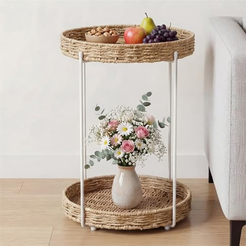 Mai & Mai Beistelltisch rund Ø37×H55 cm, Couchtisch klein Weiß | Balkontisch mit 2 abnehmbaren Tablett aus Papierkordel, Sofatisch für Wohnzimmer, Schlafzimmer und Balkon, Reglo-08