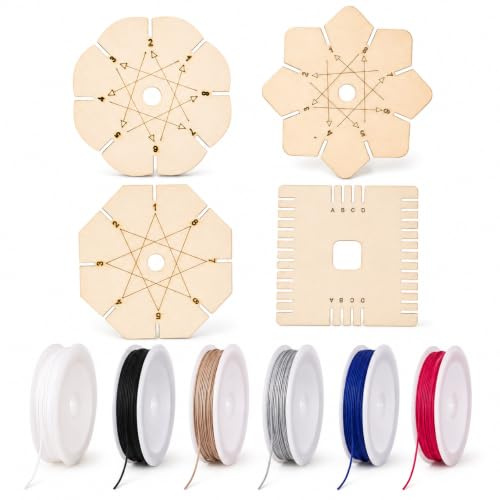 ARYIMYDP Kumihimo Set 4 Flechtscheiben Holz und 6 Rollen Nylonkordel 0,8mm 10m, Armband Knüpfen Kit für Freundschaftsbänder, Schmuck, Makramee, DIY, für Schmuck DIY, für Armbänder, für Makramee Deko