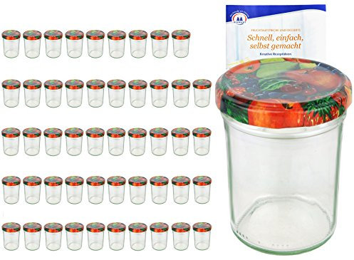MamboCat 50er Set Sturzgläser 230 ml Hoch Deckelfarbe Obst Dekor to 66 inkl. Diamant Gelierzauber Rezeptheft, Marmeladengläser, Einmachgläser, Einweckgläser, Gläser