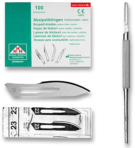 Set avec 100 x lames de scalpel N° 23 - Lame stérile en acier au carbone et 1 x May - manche de scalpel Figure N° 4 avec manche rond en acier inoxydable