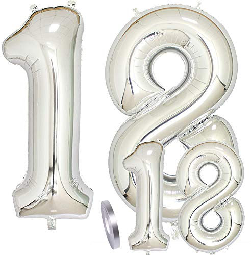 cholinchin Luftballons Zahl 18 Geburtstag XXL Silber - Riesen Folienballon in 2 Größen 40 & 16 | Set XXL 100cm + Mini 40cm Version Geburtstagsdeko | Vier Zahlen | Ideal zum 18. als Deko