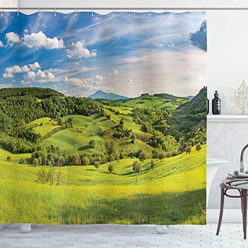 ABAKUHAUS Landschaft Duschvorhang, Toskana Italien Bauernhöfe, Stoffliches Gewebe Badezimmerdekorationsset mit Haken, 175 x 220 cm, Sky Blue Apfelgrün