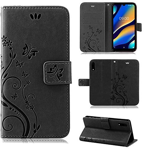 betterfon Hülle Kompatibel mit Wiko View 3 Lite | Premium PU Leder Handyhülle Wallet Case | Schutzhülle Blumen Klapphülle Handyhülle | Schwarz