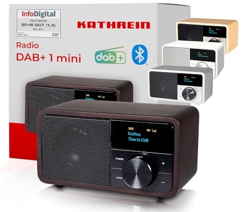 Kathrein DAB+ 1 Mini I DAB Plus Radio mit Akku I Digitalradio DAB+ & UKW mit Bluetooth, Aux 3,5mm I Küchenradio, Badradio I Tragbares Radio als Lautsprecher für Streaming I Retrodesign Holz dunkel