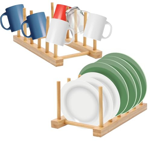 2 Stück Tellerständer Holz,Abtropfgestell,Geschirrabtropfgestell, Brettchen Tellerständer, Tellerhalter, Topfdeckelhalter, Buchständer für Schneidebrett, Topf Deckel, Teller, Schüssel, Tassen —5 Slots