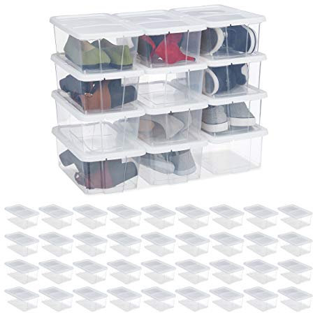 48 x Schuhbox Kunststoff, stapelbar, durchsichtige Aufbewahrungsboxen mit Deckel, HxBxT: 12,5 x20 x 34,5 cm, weiß