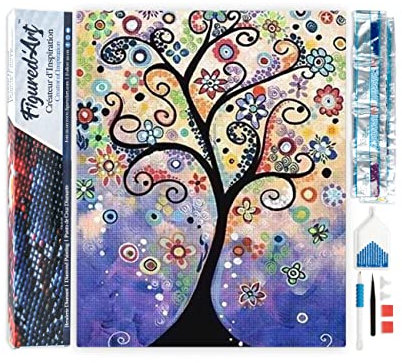 Figured’Art Diamond Painting Broderie Diamant 40x50cm Toile Entière Roulée avec Strass Perles Carrés - Arbre de Vie Design - Kit Complet Paysage 5D DIY Activité Manuelle Loisirs Créatifs Adultes